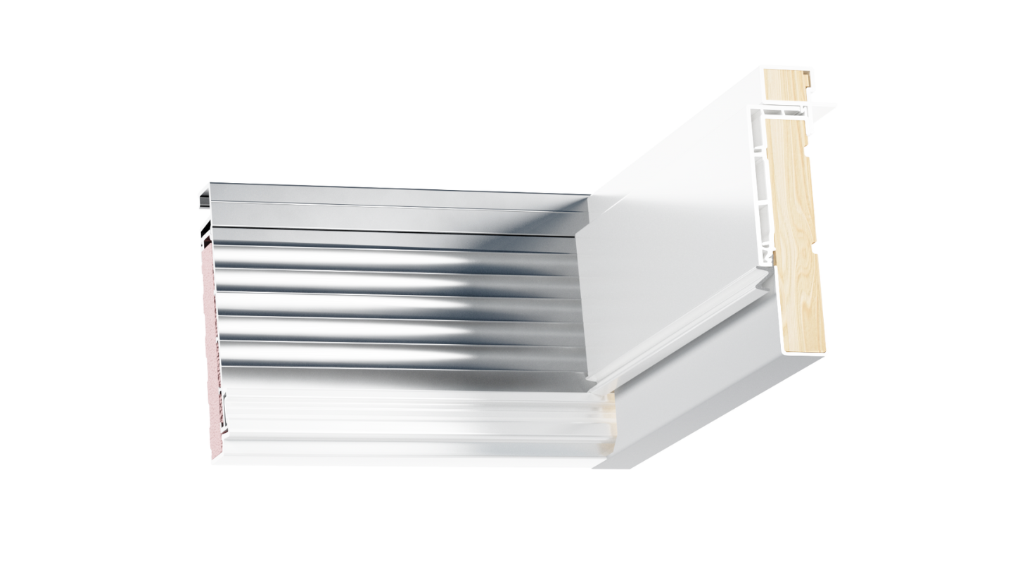 cross section of insulated steel front door frame with vinyl and aluminum cladding